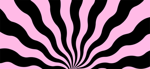  vector illustration features a psychedelic op-art style with wavy black and pink stripes radiating from a central point. The abstract theme highlights bold, curvy shapes and high contrast colors.