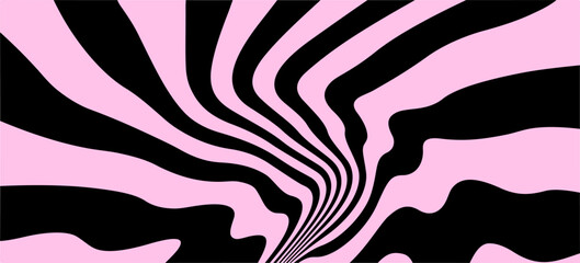  vector illustration features a psychedelic op-art style with wavy black and pink stripes radiating from a central point. The abstract theme highlights bold, curvy shapes and high contrast colors.
