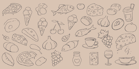food,snack,doodle various fast food drinks collection ice cream tacos wine cheese line art elements illustration flat outline pack