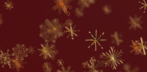 Abstract golden snowflakes on a red background. Festive and seasonal design. Perfect for holiday greetings and winter themes. Ideal for Christma