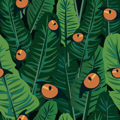Dark tropical leaves with hidden orange eyes forming a seamless mysterious pattern. Perfect for fabric, fantasy design, Halloween themes and creative packaging.