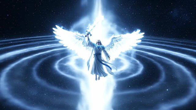 An archangel with a sword of blue light raises the sword above his head, emitting a bright aura. Theosophy and esotericism. Spirituality and religion - repeat the task.