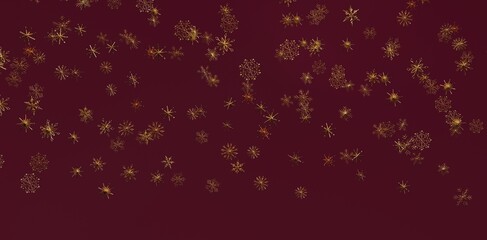 Abstract design of golden snowflakes falling on a maroon backdrop, ideal for Christmas or winter holiday greetings and seasonal projects. © vegefox.com