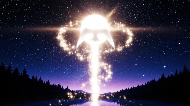 Bird silhouette flying over reflective lake at night, transforming into glowing phoenix with light explosion and trail, animation