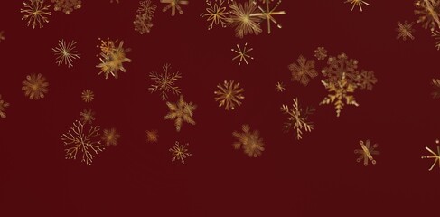 Abstract gold snowflakes gently falling on a rich, deep red background, perfect for holiday greetings, winter designs, and festive themed projec