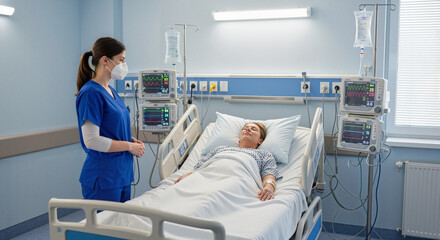 Nurse attending to patient in hospital recovery room after surgery
