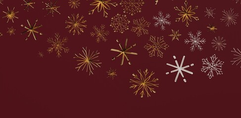 Festive background with detailed gold and silver snowflakes over a rich burgundy backdrop, ideal for Christmas or winter holiday designs.