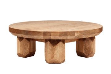 A refined brutalist-style low round coffee table featuring geometric sculptural legs and a smooth wooden top, exemplifying minimalist contemporary design.
