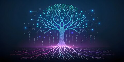 Digital tree of life with glowing roots and branches made of circuits and lights.