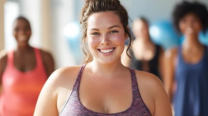 Smiling woman in fitness class promoting body positivity