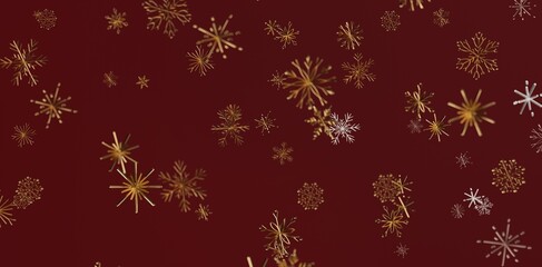Festive background with falling golden snowflakes on a deep red backdrop. Perfect for Christmas, winter holiday designs, cards, and seasonal gre