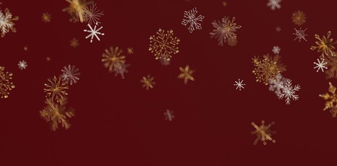 Festive abstract background with gold and white snowflakes floating on a red backdrop. Perfect for Christmas, winter, holiday greetings.