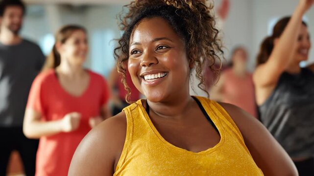 Woman smiling during group fitness class