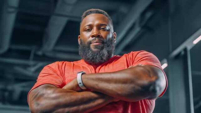 Confident man in red shirt at the gym