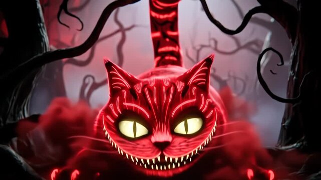 Red glowing cat appearing and disappearing mischievously in dark spooky forest, fantasy animation