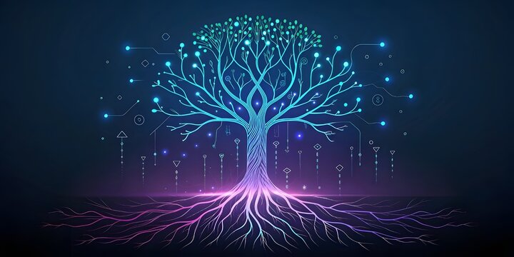 Digital tree of life with glowing roots and branches made of circuits and lights.