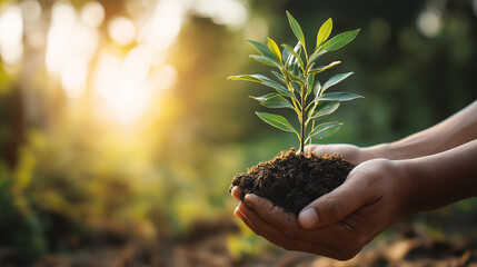 Hands holding young plant growing from soil