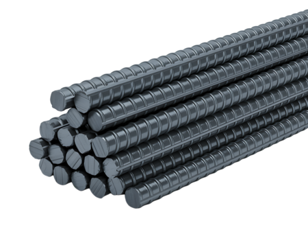 Pile of steel rebar rods for construction and reinforcement