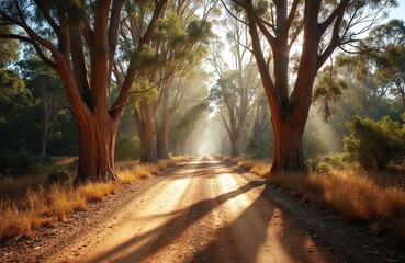 Fototapeta premium Dirt road winds through tall eucalyptus trees. Golden sun rays stream through forest canopy, creating long shadows on dusty path. Australian bushland offers serene, natural pathway for quiet journey,