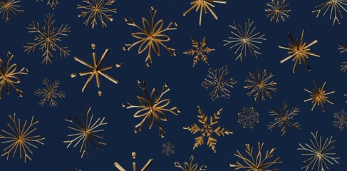 Seamless winter festive background of golden snowflakes on a dark blue backdrop. Perfect for Christmas, New Year, holiday designs.