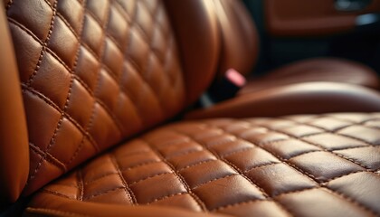 Obraz premium Close up photo of luxury car interior. Brown leather with diamond pattern stitching. Automotive design with detailed texture. Elegant car upholstery for comfortable ride.