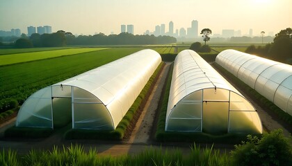 Greenhouse clusters on flat agricultural land near urban edge