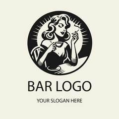 Black and white flat vector logo of a beautiful girl drinking coffee at a table, minimalist elegant outline design perfect for cafes, restaurants, branding, coffee shops and packaging.