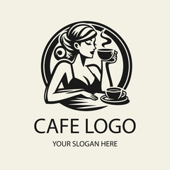 Black and white flat vector logo of a beautiful girl drinking coffee at a table, minimalist elegant outline design perfect for cafes, restaurants, branding, coffee shops and packaging.