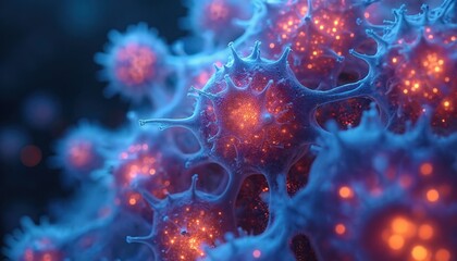 Microscopic view of glowing brain organoids showing neural connections and simulated AI activity. These bio-engineered structures are being researched for complex computation and medical advancement.