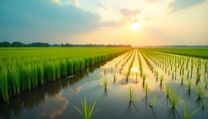 Rice land during waterlogged season with reflection of sky