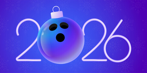 bowling 2026 New Year sport banner. Merry Christmas tech greeting card with xmas ball as a bauble on purple neon background. Vector illustration