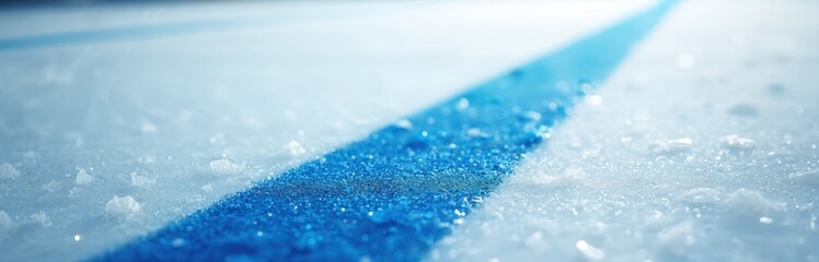 Close up on blue line marking on clean ice surface. Textured frozen water glistens with light, abstract winter sport detail. Cool background for competition.