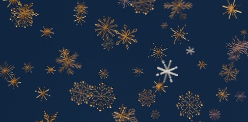 Elegant image of gold and white snowflakes gently falling on a navy blue backdrop. Perfect for Christmas, winter, and festive designs. Evokes a