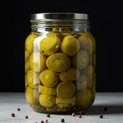 A clear glass jar filled with vibrant green preserved vegetables, submerged in a savory brine, ready for culinary use ,ingredient ,garden ,glass