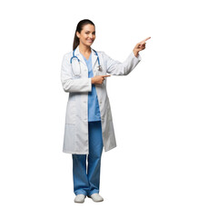 Smiling female doctor in white lab coat pointing isolated on transparent background