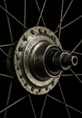 A close-up of an aged metal bicycle wheel hub, showcasing intricate mechanical design and weathered texture, evoking nostalgic charm and industrial heritage ,old ,machine ,industrial