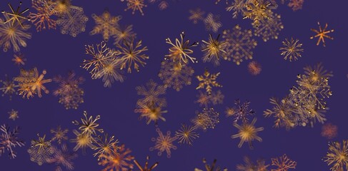 Abstract design with golden snowflakes on a dark purple background, perfect for winter holiday and Christmas themes. Ideal for festive greeting