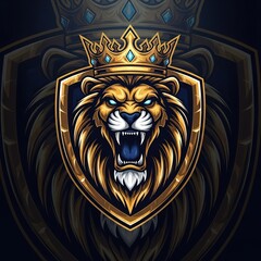 Obraz premium Roaring majestic lion with crown mascot logo