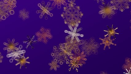 Abstract, artistic snowflakes floating against a deep purple background. Great for winter themes, holiday designs, and seasonal promotions.  Mod