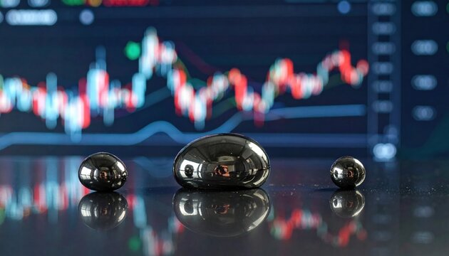 Shiny metallic drops gallium or ferrofluid beads reflecting digital financial chart representing precious metals market technology trends and the volatility of commodities in the digital age