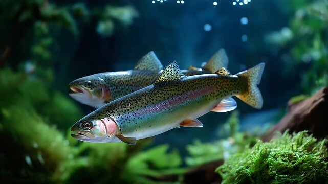 Rainbow trout swimming in half-light underwater, reflections forming rainbow halos on scales, defocused moss textures, with copy space.