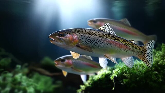 Rainbow trout swimming in half-light underwater, reflections forming rainbow halos on scales, defocused moss textures, with copy space.