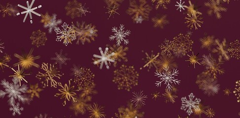 Festive abstract background of golden and white snowflakes against a burgundy backdrop. Perfect for holiday design or winter themes.