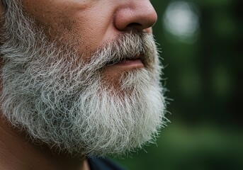 A close-up portrait highlighting the textured contrast of a prominent white and graying beard set against a soft natural background outside ,expression ,aging process ,whiskers