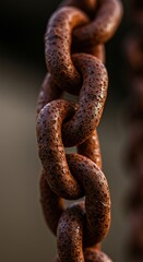 A close-up shot of a heavily corroded metal chain, displaying intricate textures of reddish-brown rust on each weathered link ,brown ,chain ,grunge
