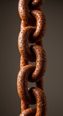 A close-up shot of a heavily corroded metal chain, displaying intricate textures of reddish-brown rust on each weathered link ,worn surface ,strong ,connection