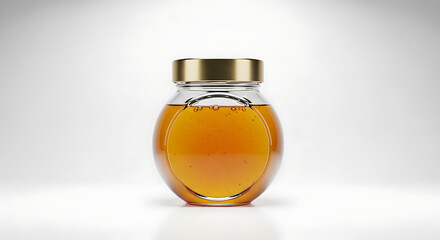 Round Glass Jar Filled with Golden Honey and Gold Screw- Top Lid container food