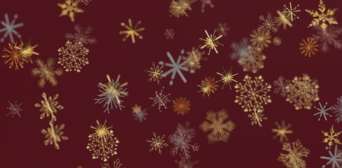 Elegant abstract design featuring detailed golden snowflakes against a rich burgundy backdrop, ideal for Christmas cards and seasonal concepts.