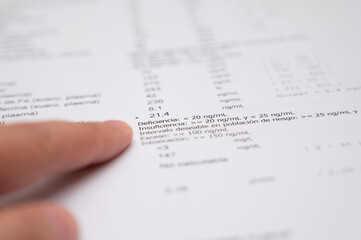 Hand pointing medical report showing deficiency blood test results