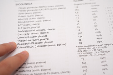 Obraz premium Finger pointing at cholesterol readings on medical report